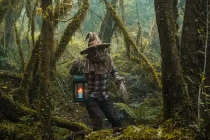 Bosque oscuro con siluetas de criaturas deformes y una figura solitaria rodeada de bestias sombrías