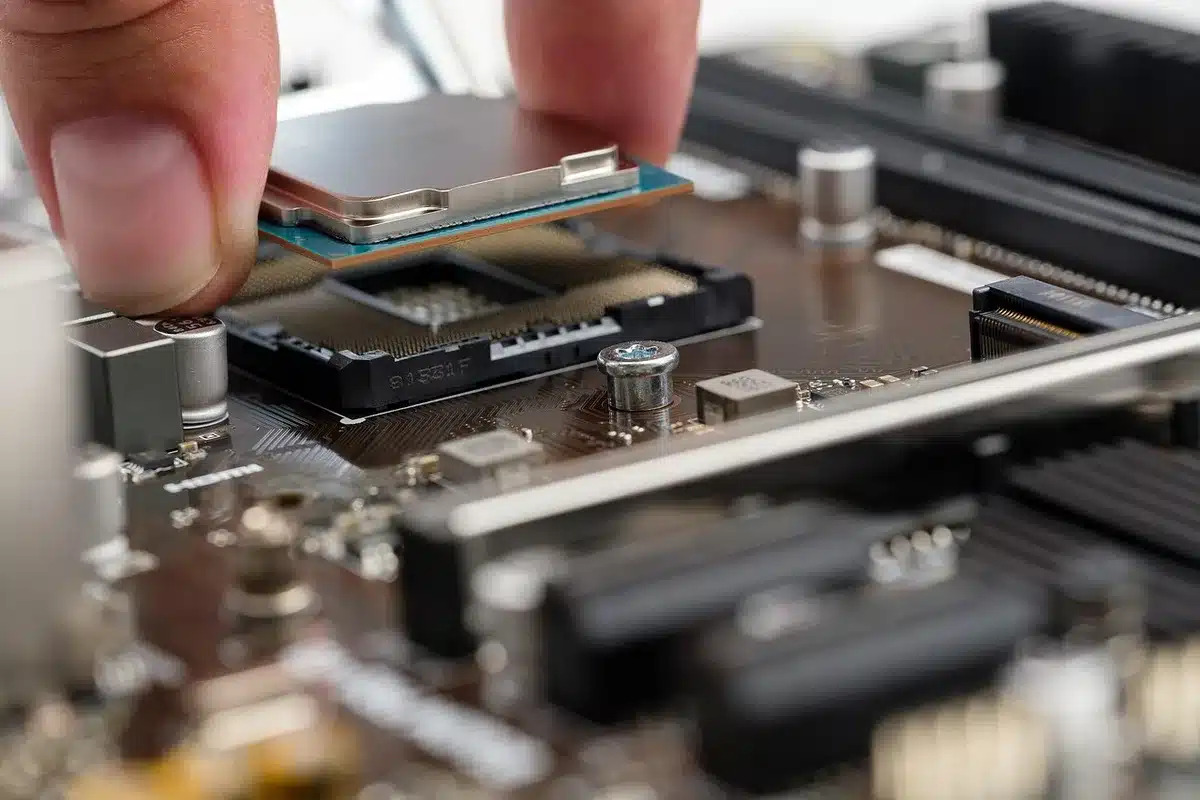 A high-end gaming CPU chiplet under magnification, intricate silicon pathways visible, 3D V-Cache layers stacked in profile, soft blue accent lighting on the silicon surface