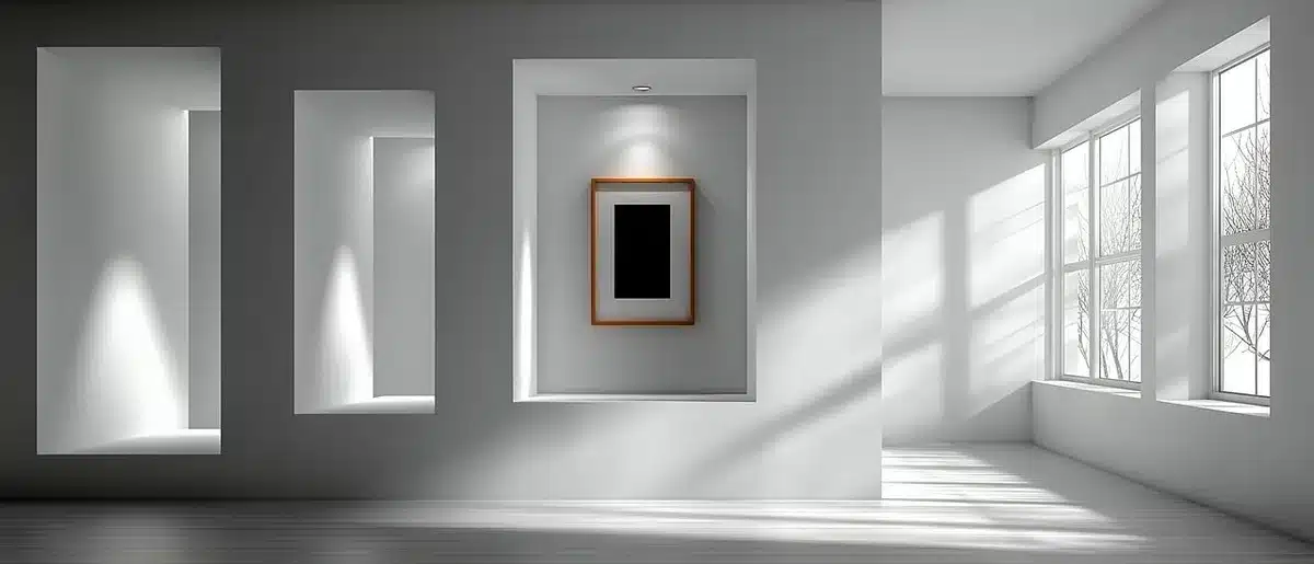 Side view of a slim wall-mounted smart display showing a blurred home dashboard, anonymous and unbranded