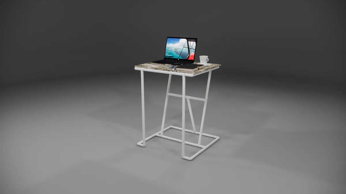 Empty home office desk with an unbranded slim laptop closed, a notebook and pen beside it, soft daylight through a window
