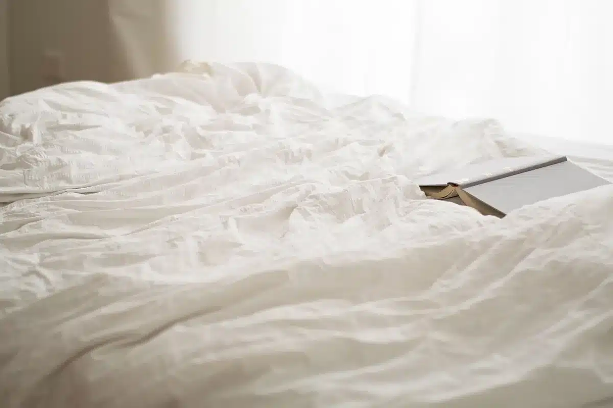 Interior monocromático de cúpula con cama dosel y líneas curvas