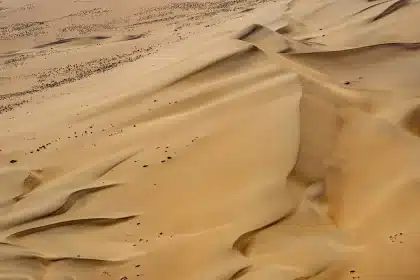 Cúpula blanca de diseño junto a piscina y dunas rojizas en un entorno remoto