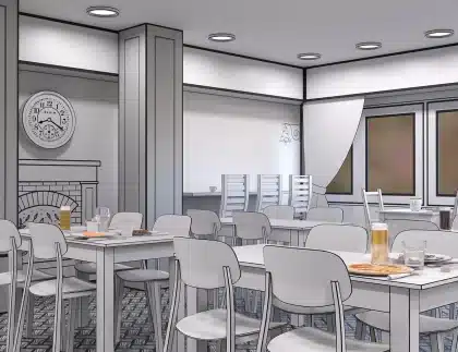 Lector anónimo con un volumen de manga en una cafetería, de espaldas